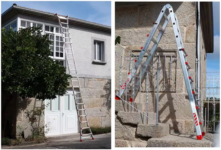 Dos imagenes con escaleras telescópicas de aluminio para trabajos a distintos niveles