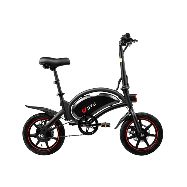 Bicicleta eléctrica plegable mini de la marca DYU con ruedas pequeñas, faro y guardabarros. Fondo de la imagen de color blanco