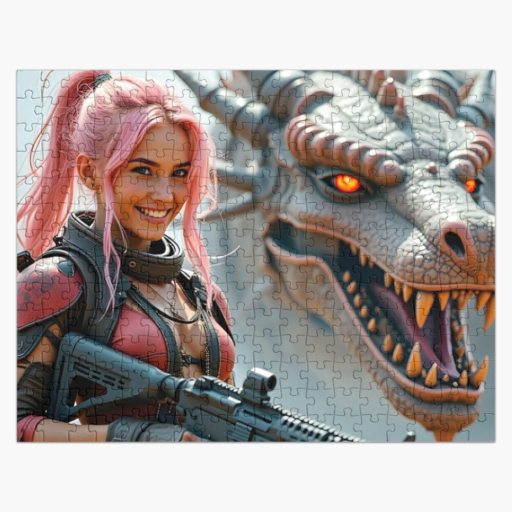 Puzzle para adultos con imagen de chica cyberpunk de pelo rosa con dragón, diseñada por Planet Utoppia