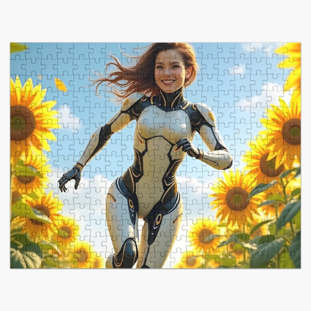 Rompecabezas de 1000 piezas de una chica cibernética corriendo por un campo de girasoles, diseñado por el artista Planet Utoppia