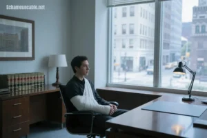 Trabajador con el brazo escayolado sentado en un despacho de abogados para reclamar un accidente laboral.