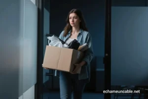 Mujer saliendo del trabajo con sus pertenencias después de un despido improcedente.